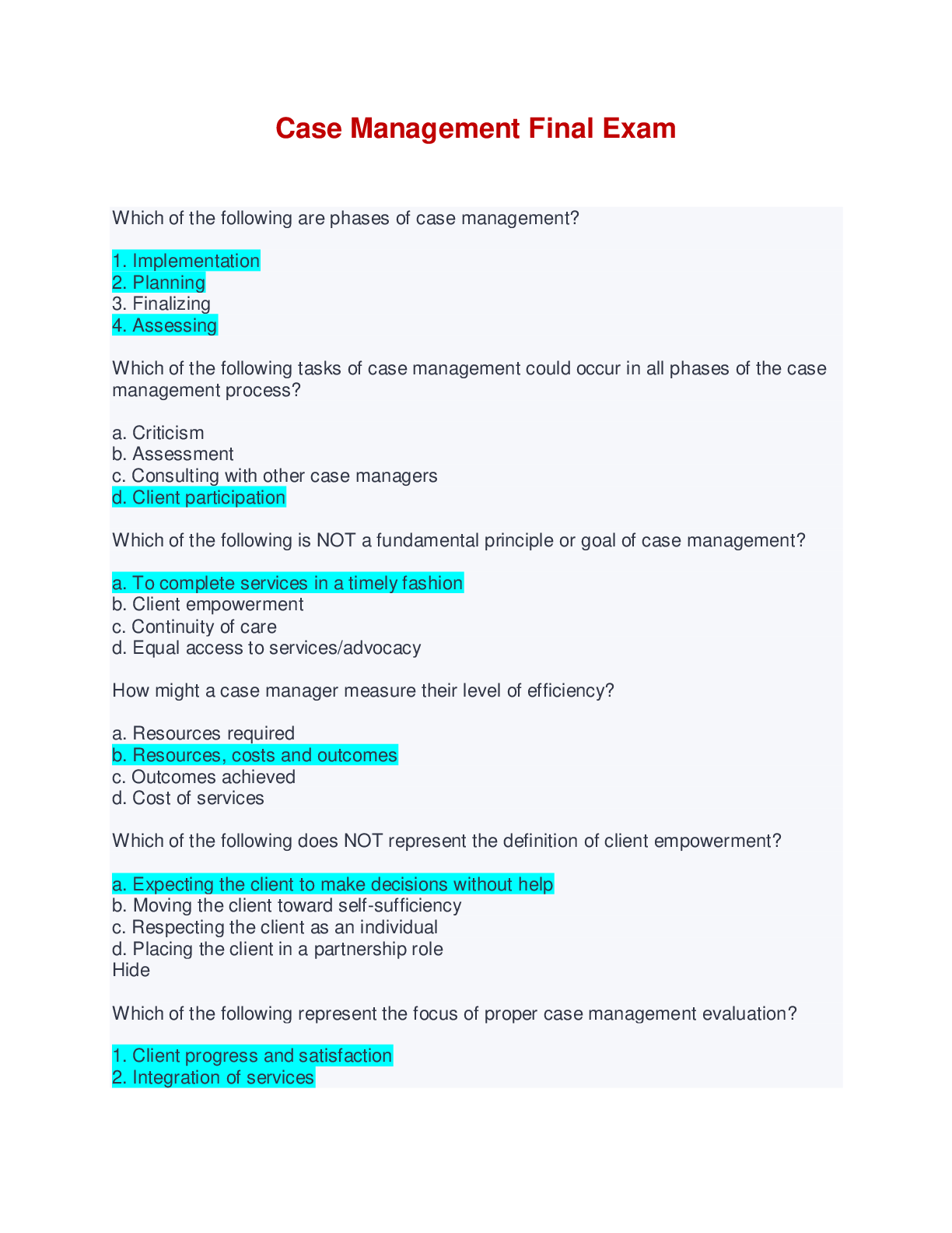 Preview image of Case Management Final Exam - 181 Questions & Answers document
